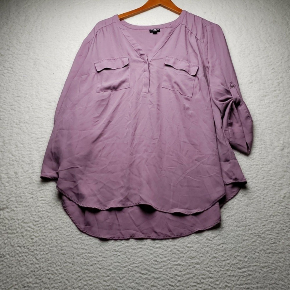 Torrid Blouse Womens Plus 2 Purple V Neck 3/4 Roll Tab Solid Pocket Tunic Top